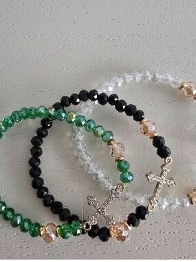 Three-Piece Beaded Cross Bracelet Set - Green, Black & Clear